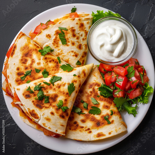 Top View of a Chicken Quesadilla with Salsa and Sour Cream