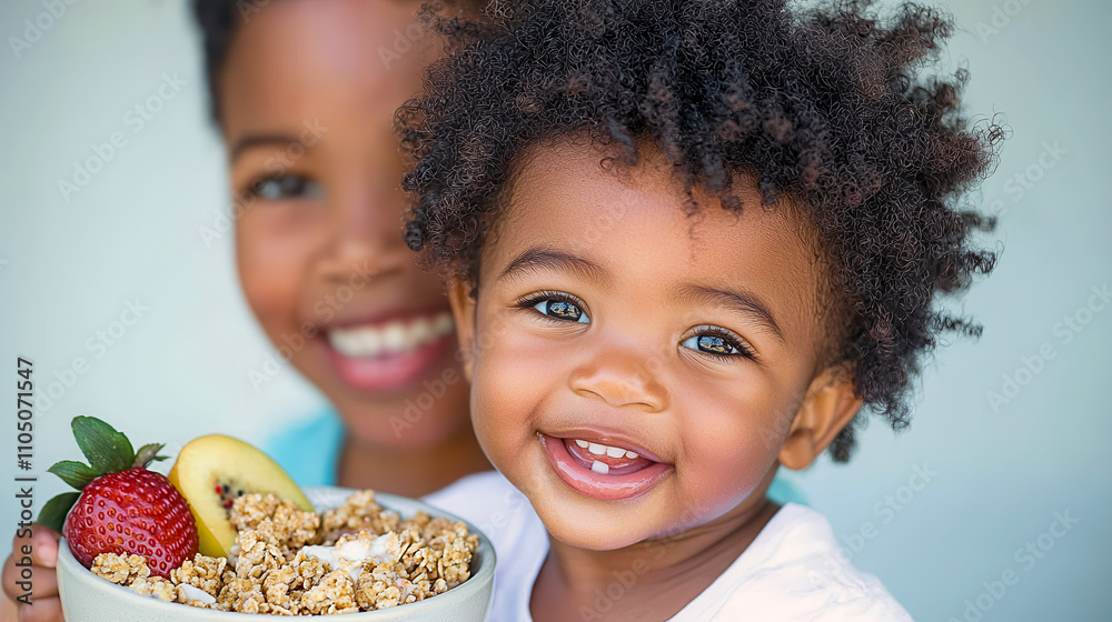 Getting the kids ready for school concept, Two cheerful children smile together, one holding a bowl of healthy food topped with fruits, set against a bright background. Getting the kids ready for school concept, Two cheerful children smile together, one holding a bowl of healthy food topped with fruits, set against a bright background.