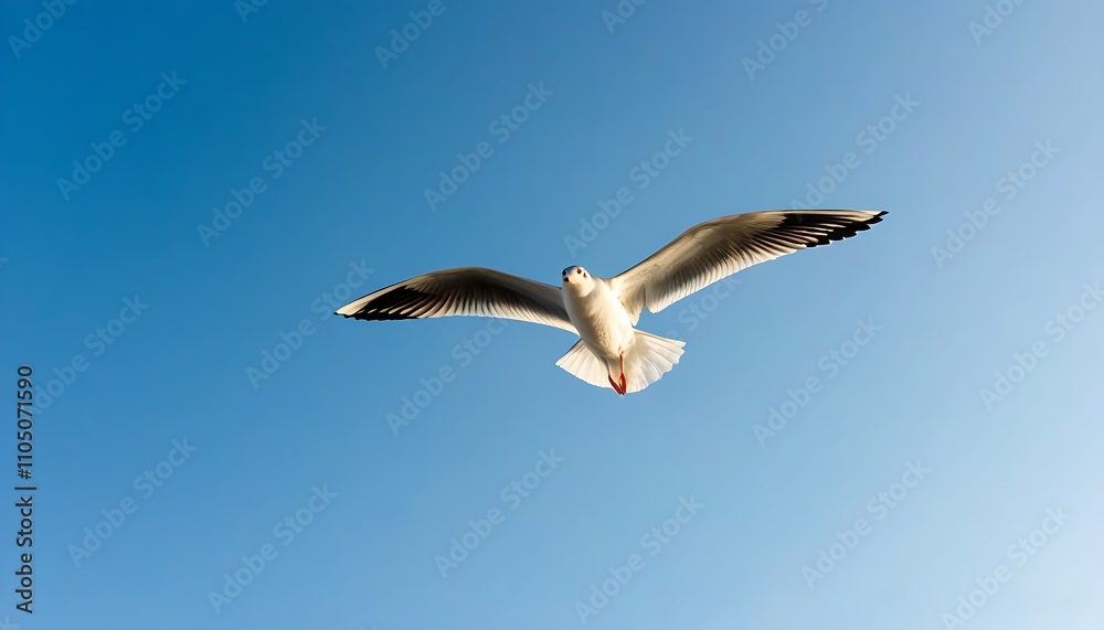 Seagull soaring with wings spread, showcasing the beauty of nature in the vast blue sky. Seagull soaring with wings spread, showcasing the beauty of nature in the vast blue sky.