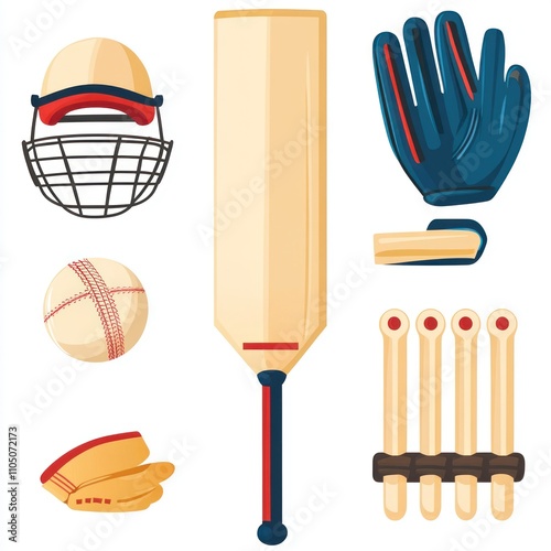 Cricket Equipment Illustration: Bat, Ball, Helmet, Gloves, and Wickets