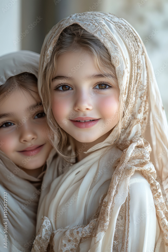 A stunning bright portrait of a happily playing three muslim girls. a child on her 15s wearing different tones of cream blouse. A stunning bright portrait of a happily playing three muslim girls. a child on her 15s wearing different tones of cream blouse.