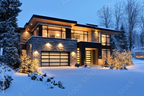 In winter, a modern house in Ontario, Canada, is covered in snow and illuminated with Christmas lights.