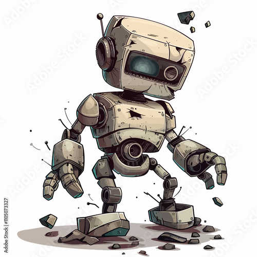 Robot destroyed isolated white background 