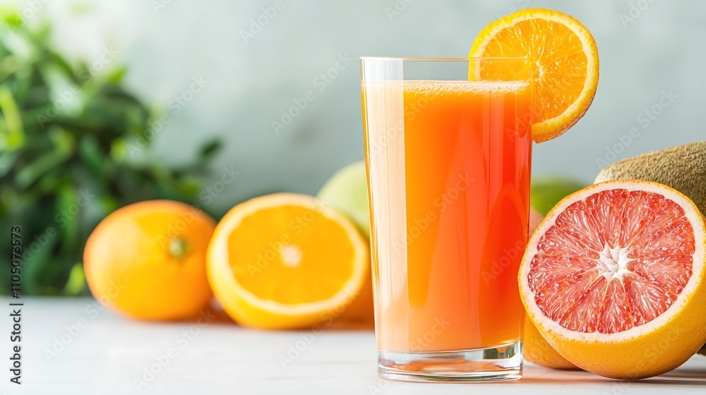 Glass of bright orange health juice with citrus fruits in the background, ample space for advertising text, high-end foods photography, deep depth of field, Product photography with high resolution, Glass of bright orange health juice with citrus fruits in the background, ample space for advertising text, high-end foods photography, deep depth of field, Product photography with high resolution,