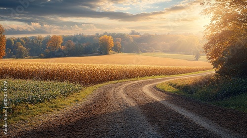 A picturesque rural landscape featuring a trail through golden fields, bordered by cornfields and freshly plowed land, ideal for copy space.