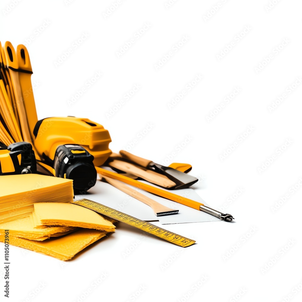 Assorted yellow construction tools on a white isolated background. Assorted yellow construction tools on a white isolated background.