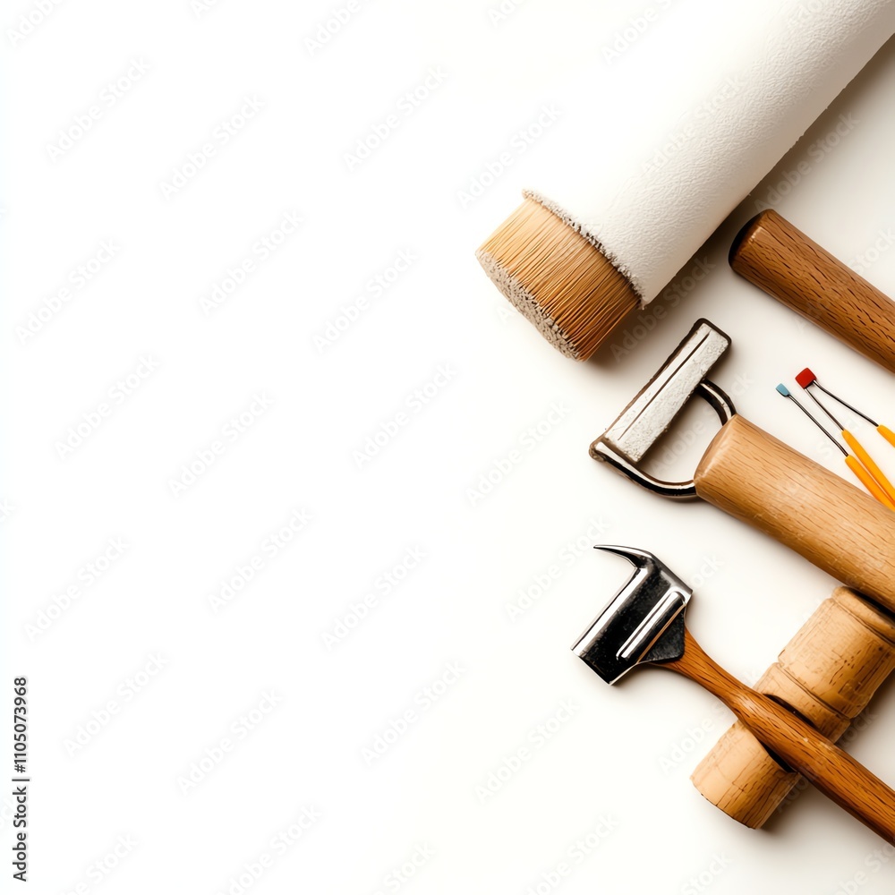 Various artistic tools displayed on a white isolated background. Various artistic tools displayed on a white isolated background.