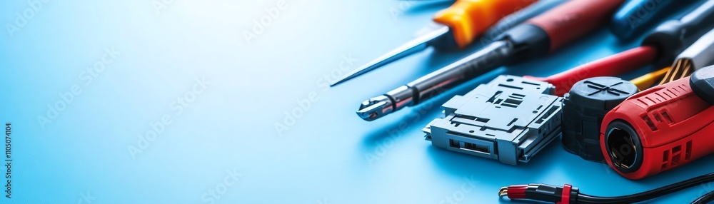 Assorted tools on a blue background, ideal for construction or DIY projects. Assorted tools on a blue background, ideal for construction or DIY projects.