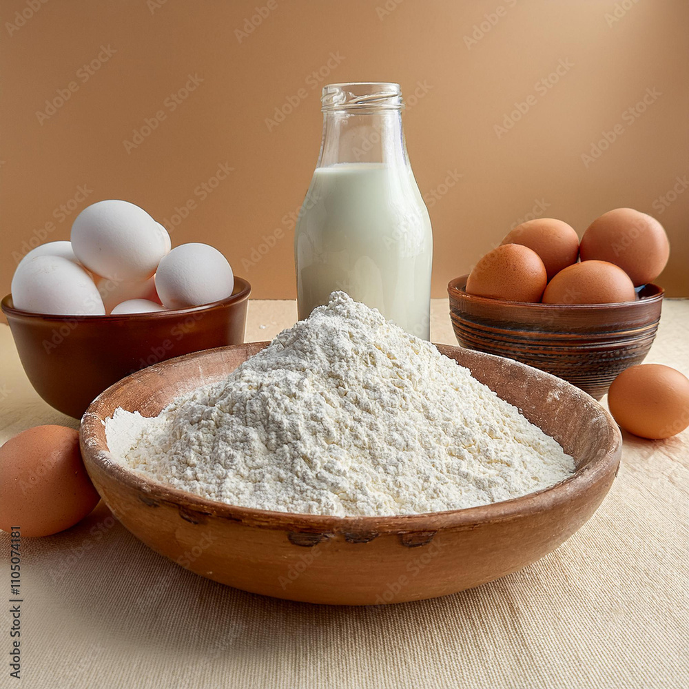 Cozy Still Life of Baking Ingredients on Light Surface Cozy Still Life of Baking Ingredients on Light Surface