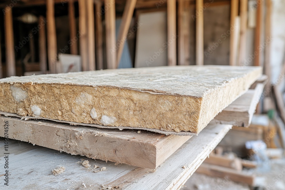 Close-up of a beige mineral wool insulation board. Ideal for construction, renovation, and home improvement projects. Close-up of a beige mineral wool insulation board. Ideal for construction, renovation, and home improvement projects.