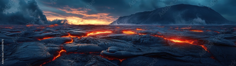 Naklejka premium A breathtaking view of molten lava flowing across a dark landscape under a colorful sunset, highlighting the beauty of nature's power.
