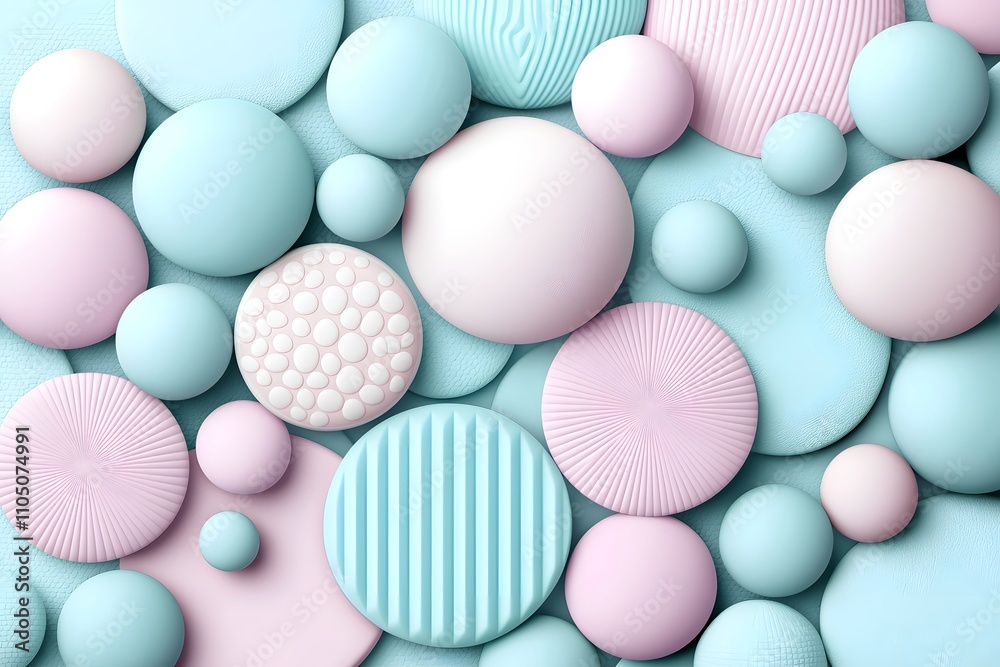 Colorful Abstract Composition of Geometric Shapes in Pastel Colors Featuring Circles, Textures, and Patterns for Modern Design and Background Use