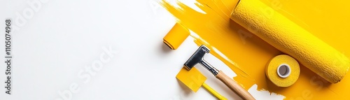 Yellow paint tools on white surface, perfect for home DIY projects. photo