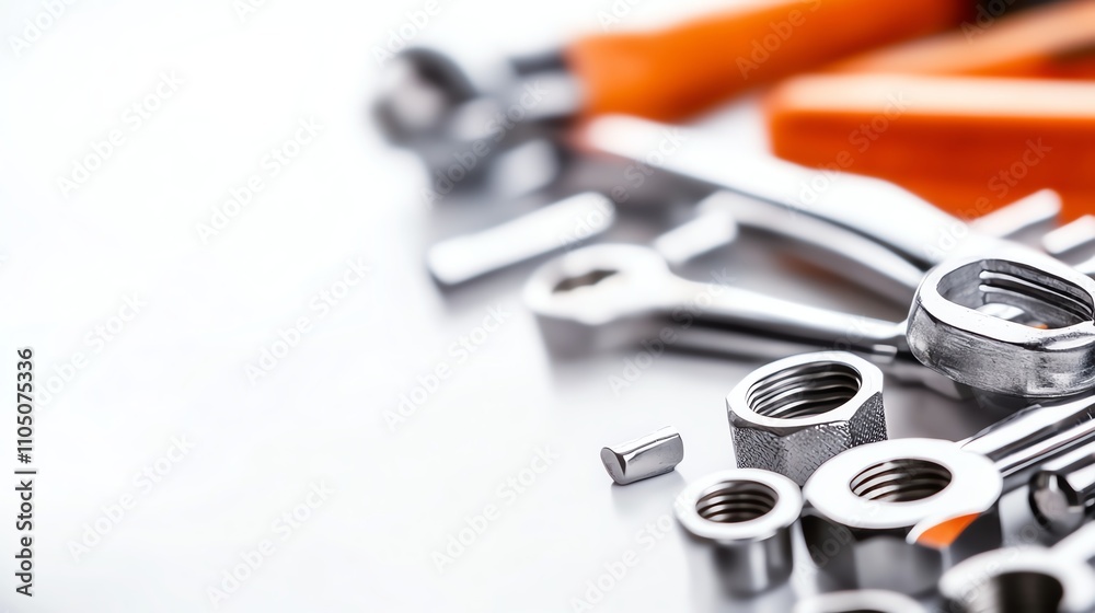 Assorted metal tools and fasteners on a reflective surface, isolated background Assorted metal tools and fasteners on a reflective surface, isolated background