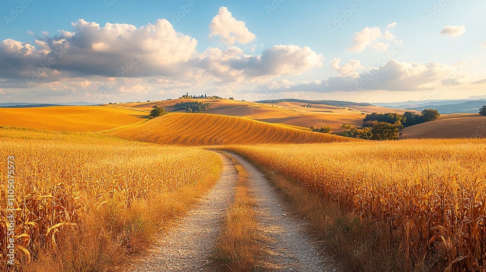 Scenic view of a trail winding through a golden field, framed by cornfields and plowed land, creating an inviting space for text.