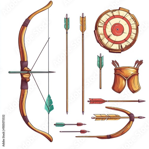 Vintage Archery Illustration: Bows, Arrows, and Target