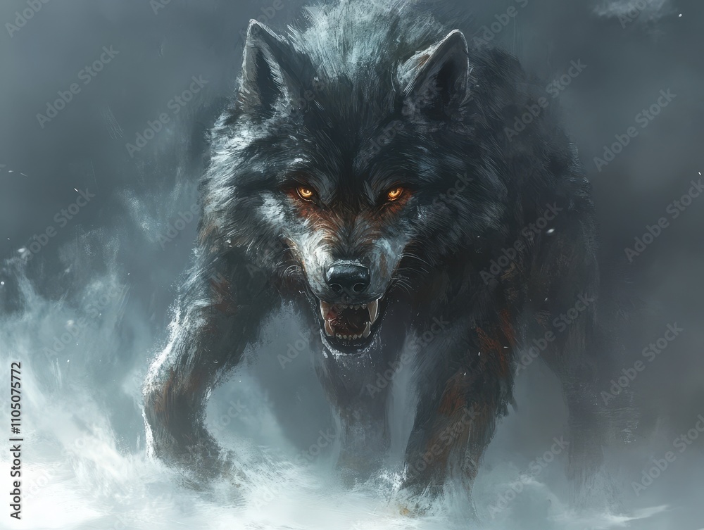 A fierce black wolf emerges through a misty landscape, showcasing powerful features and glowing eyes. A fierce black wolf emerges through a misty landscape, showcasing powerful features and glowing eyes.