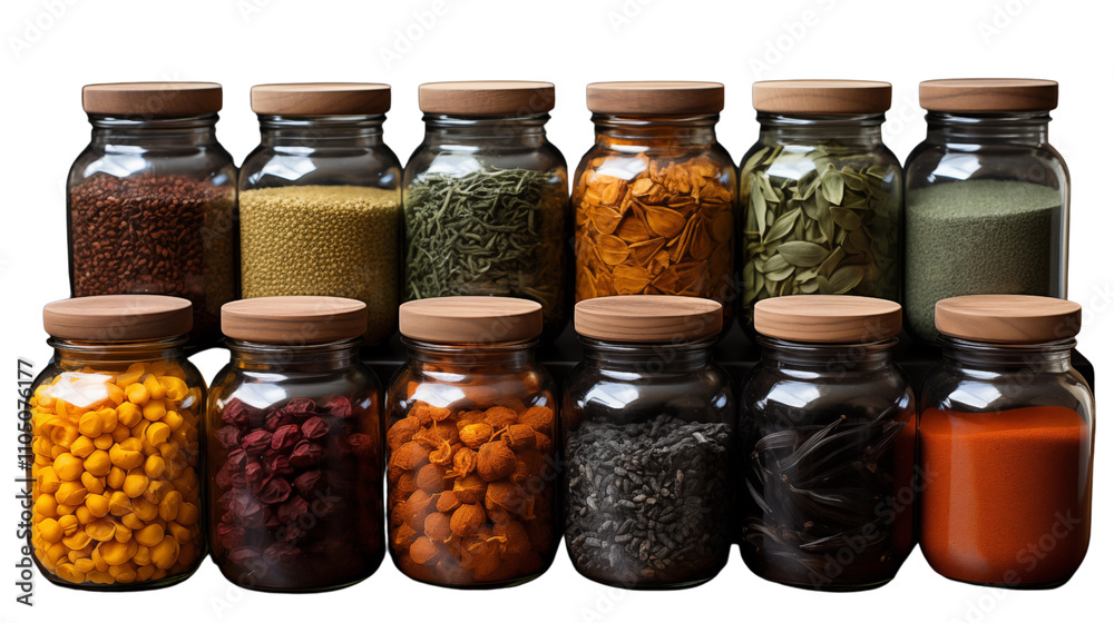 A neat arrangement of colorful spice jars, offering a burst of color and texture to inspire your culinary skills and add beauty to your kitchen decor, isolated on transparent background. A neat arrangement of colorful spice jars, offering a burst of color and texture to inspire your culinary skills and add beauty to your kitchen decor, isolated on transparent background.