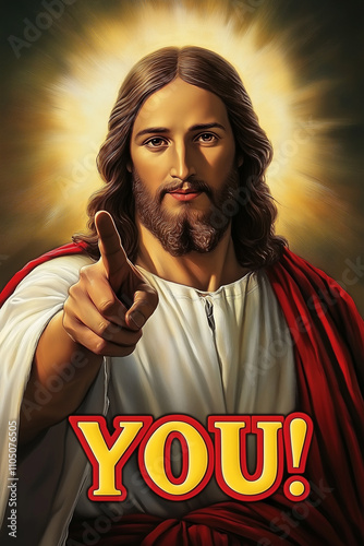Bright illustration of Jesus pointing with bold 