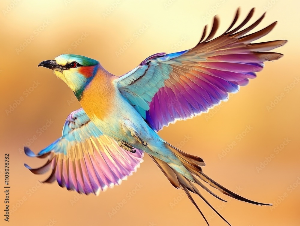 Fototapeta premium Vibrant Lilac-Breasted Roller Soaring Through the Sky with Outstretched Wings in Etosha National Park, Namibia
