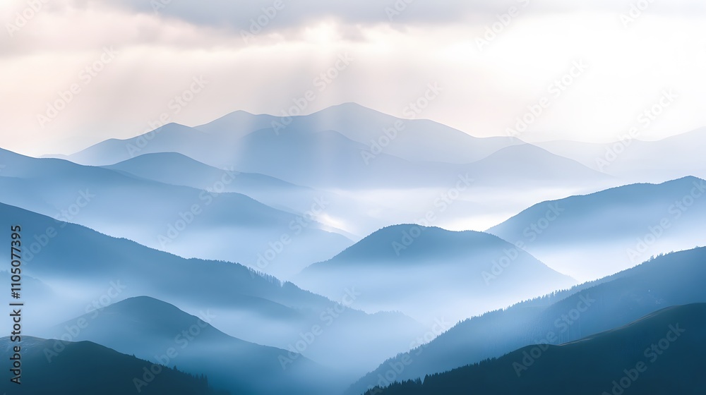 Fototapeta premium Serene Blue Mountains Misty Landscape Under Soft Light