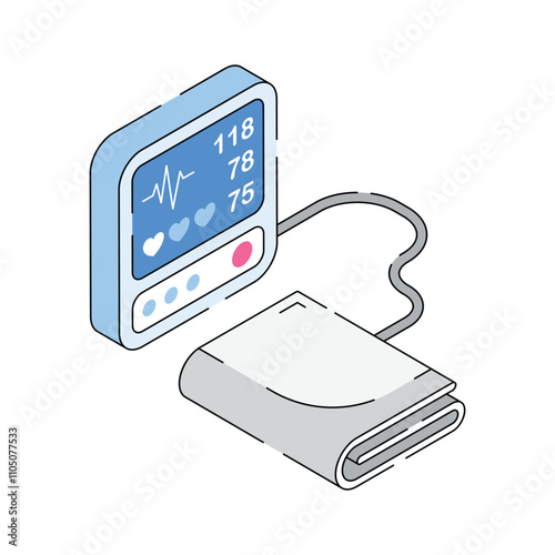 Isometric icon of digital blood pressure monitor for health diagnostics