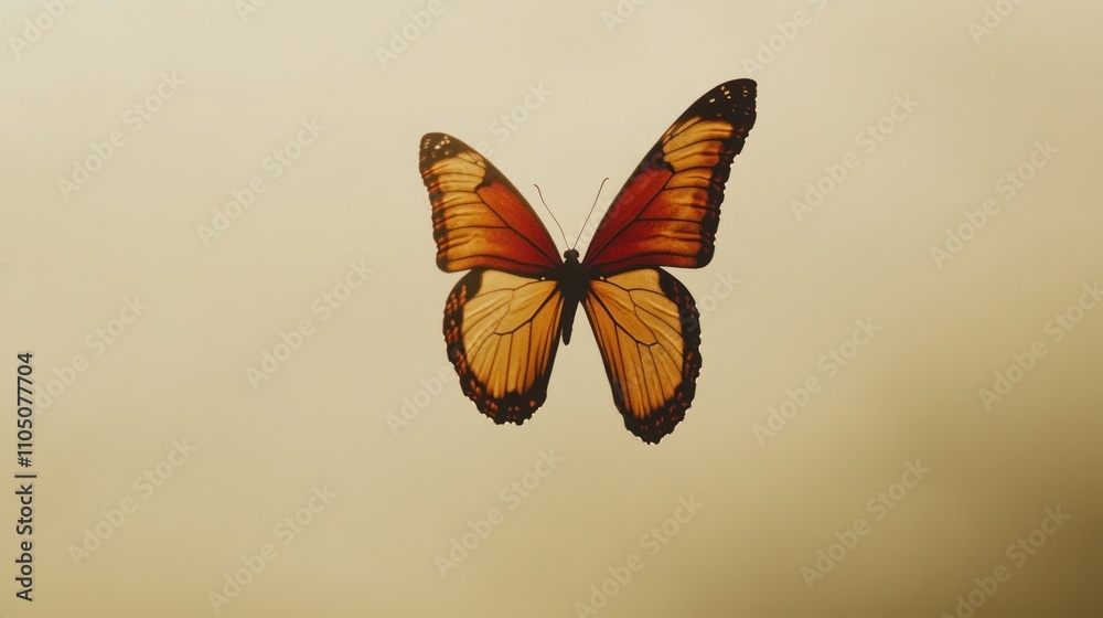 Obraz premium A Single Orange Butterfly in Flight Against a Pale Background