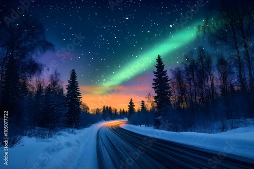 Snowy Road Through Forest with Northern Lights