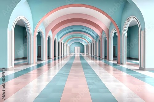 Elegant and Colorful Interior Space with Arched Doorways and Pastel Colored Walls, Ideal for Use in Interior Design, Architecture, or Modern Art Concepts