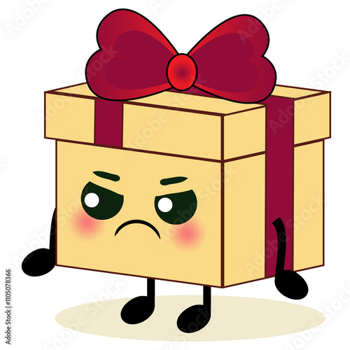 Cute gift box character isolated. angry present emoji cartoon vector illustration, funny face and funky eyes