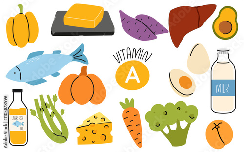 Set of vitamin B2 dietetic food sources. Healthy organic products. Vegetables, celery, cheese, liver fish oil, sweet potato