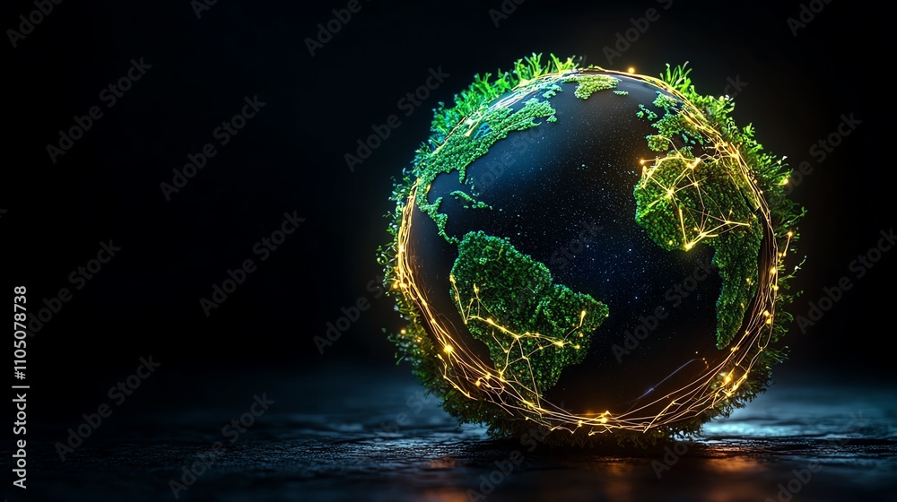 Eco-friendly globe with plants and lights on a dark background.