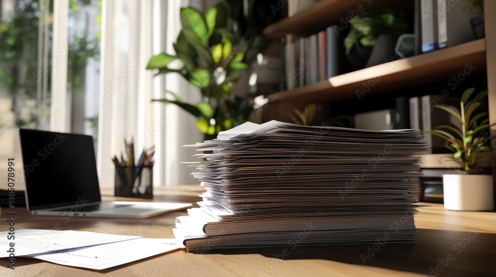 Fototapeta premium A stack of papers on a wooden desk with a laptop and a plant in the background. The papers are organized and ready for work. The image suggests a busy office environment.