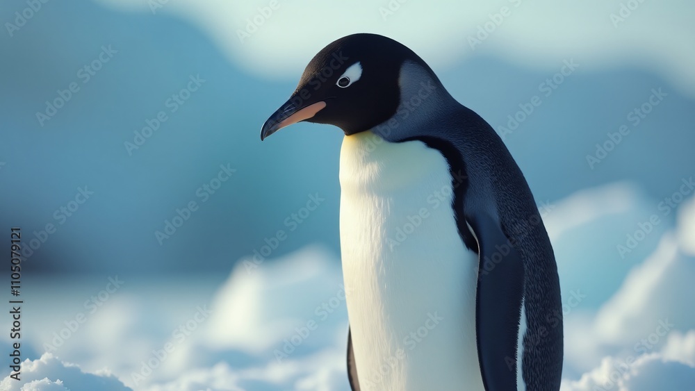 Obraz premium Create a close-up of a penguin on ice, highlighting its black and white feathers, bright eyes, and curved beak. Soft light enhances its charm and resilience in the cold, serene environment.