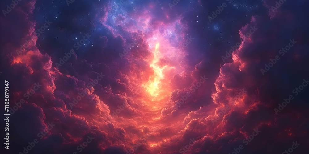 A vibrant cosmic scene filled with colorful clouds and glowing light, evoking wonder.
