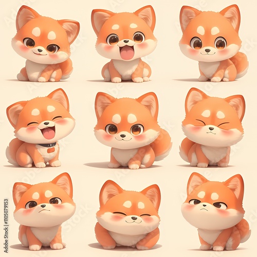 A grid of cute, cartoonish orange puppies displaying various playful expressions.