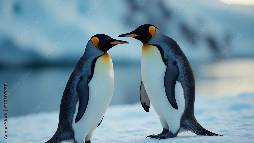 Obraz premium Create a close-up of a penguin on ice, highlighting its black and white feathers, bright eyes, and curved beak. Soft light enhances its charm and resilience in the cold, serene environment.