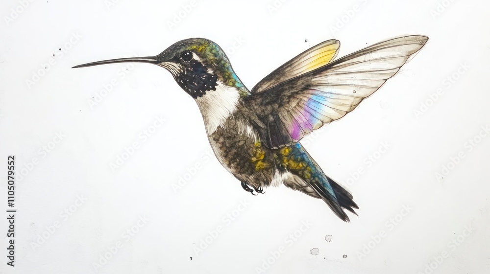 Fototapeta premium Watercolor Painting of a Hummingbird in Flight