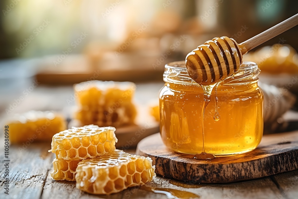 Golden honey dripping from a wooden dipper into a jar, surrounded by vibrant honeycombs and flowers, emphasizing natural sweetness and organic quality