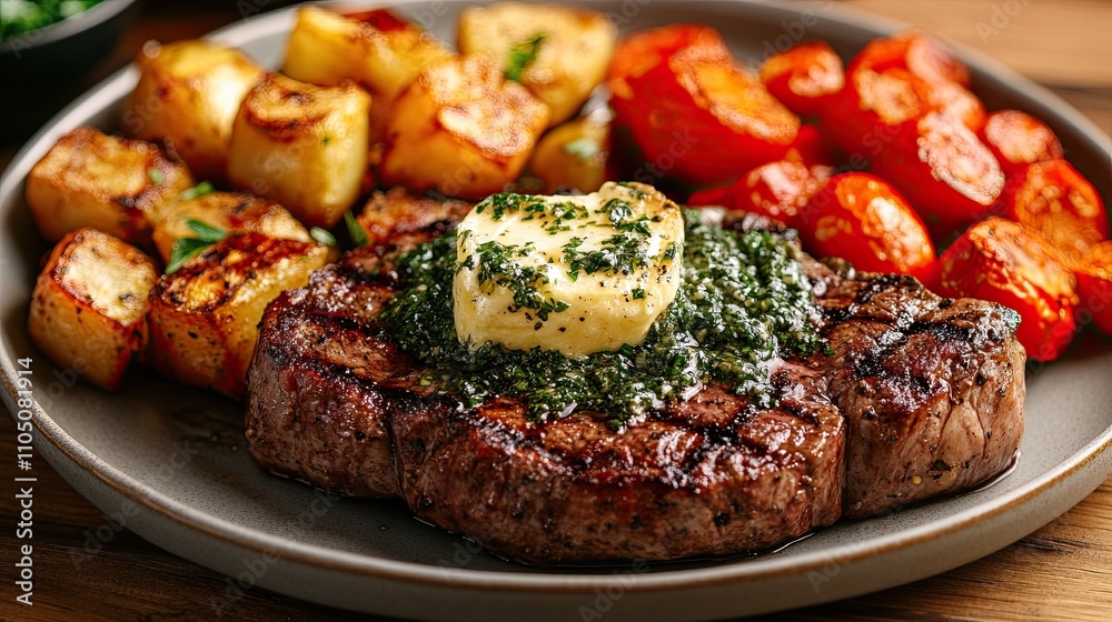 : a plate of sizzling grilled steak topped with melted herb butter and accompanied by roasted vegetables. -- : a plate of sizzling grilled steak topped with melted herb butter and accompanied by roasted vegetables. --