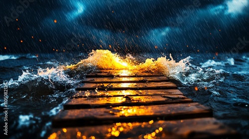Stormy sea waves crashing against a wooden pier under dramatic lighting.