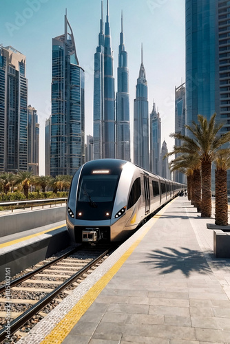 Dubai subway, train on railway at urban glass skyscrapers backdrop in business district. Wallpaper of metropolitan city metro in desert arab country. Public transportation concept. Copy ad text space