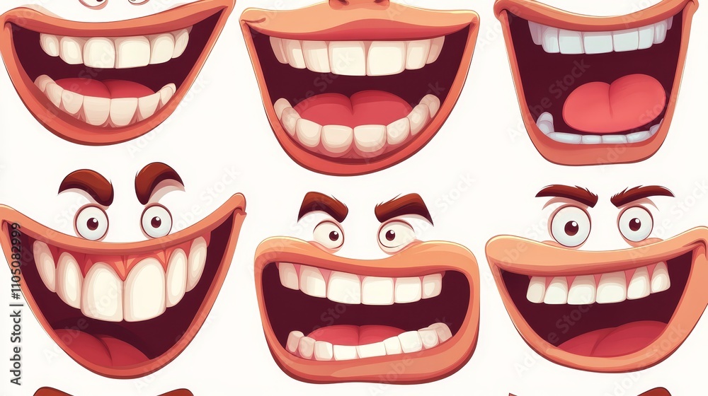 Obraz premium Cartoon Mouths Expressions Smiles Wide Open Happy Funny Faces Vector Illustration