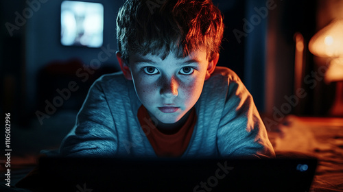 Boy Using Tablet at Night  Screen Light  Child s Face