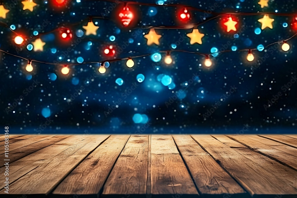 Empty Wooden Tabletop with Starry Background Empty Wooden Tabletop with Starry Background