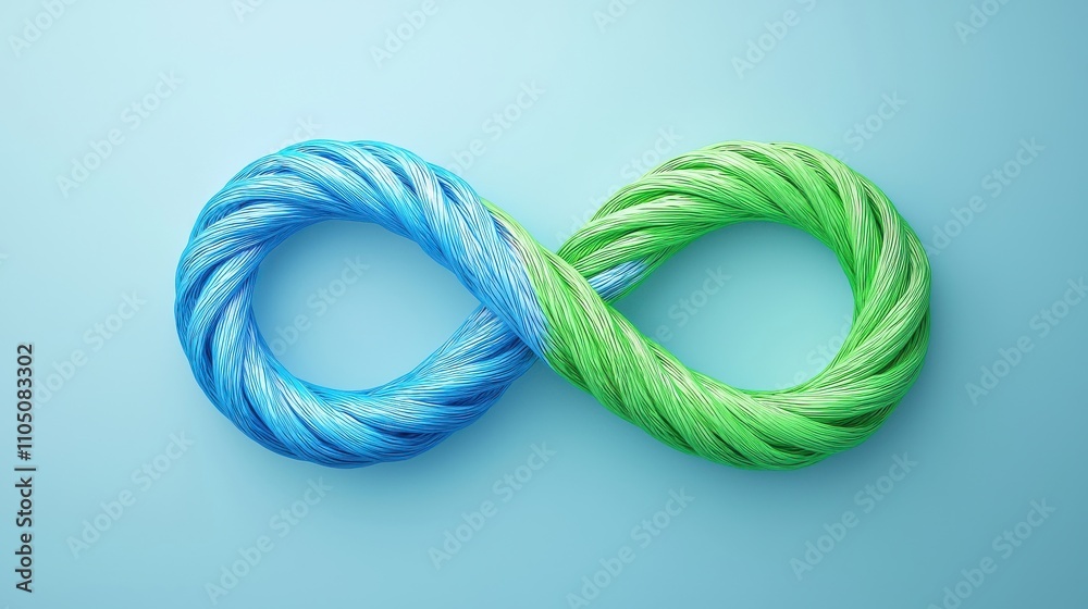 An artistic representation of an infinity symbol made from intertwined blue and green ropes on a light blue background. An artistic representation of an infinity symbol made from intertwined blue and green ropes on a light blue background.