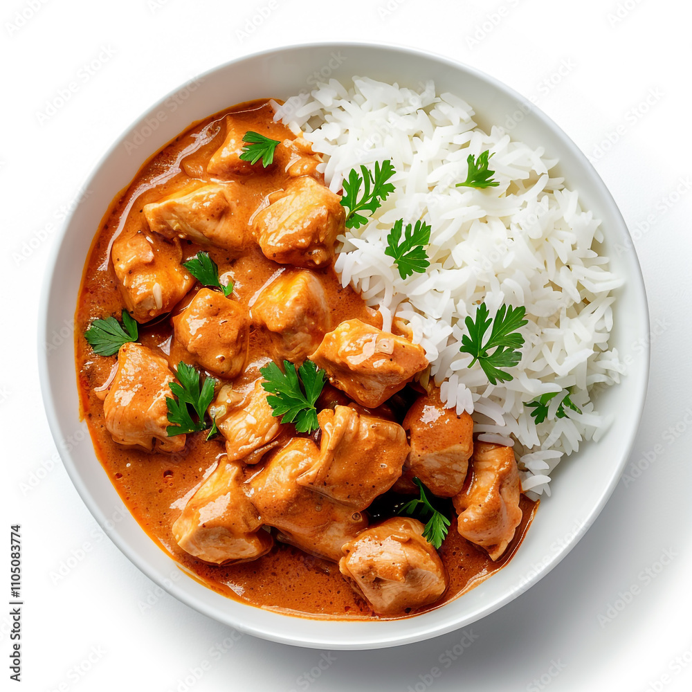 Top View of Savory Chicken Tikka Masala with Rice Top View of Savory Chicken Tikka Masala with Rice