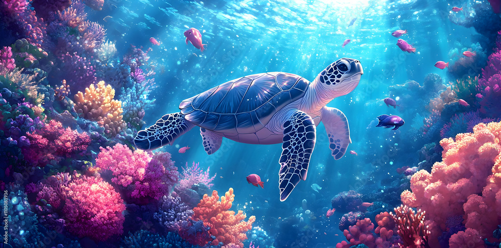 Fototapeta premium A serene underwater scene featuring a turtle swimming among vibrant coral and fish.