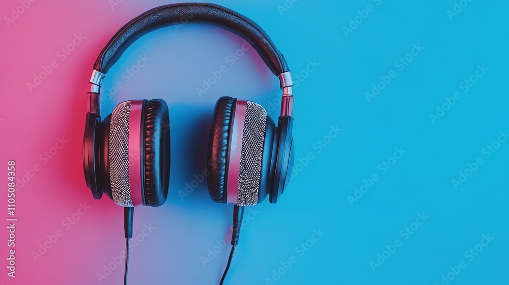 Black headphones with silver accents on a pink and blue background. Black headphones with silver accents on a pink and blue background.