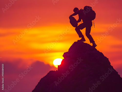 A silhouetted hiker stands triumphantly on a peak against a vibrant sunset backdrop.